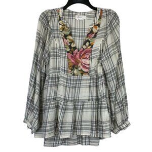 By Anthropologie tiered plaid floral metallic bohemian blouse size Medium